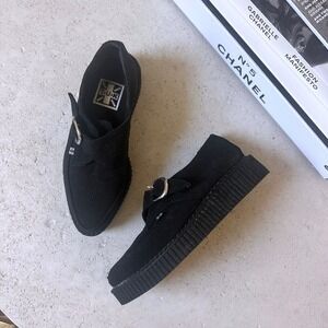 T.U.K Women's Black Monk Buckle Strap Creeper Leather Platform Loafers Size 5